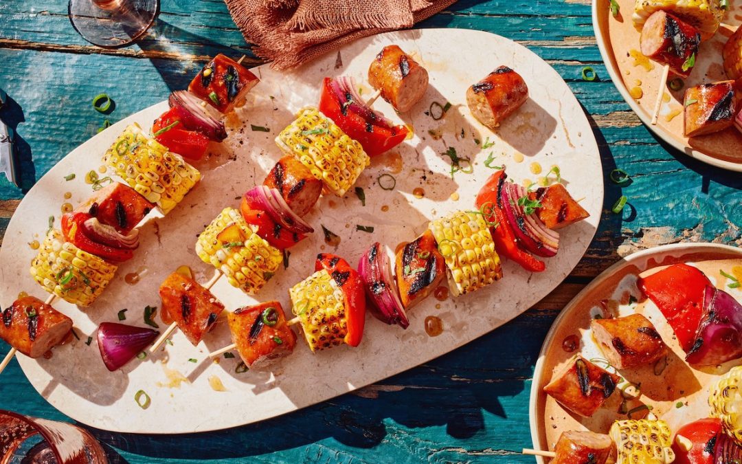 Cheddar Smokies and Corn Skewers with Peach Butter