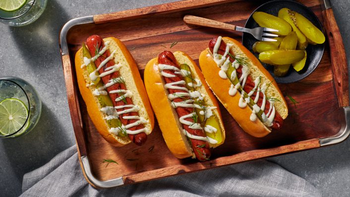 All Beef Hot Dogs with Honey and Dill Sauce