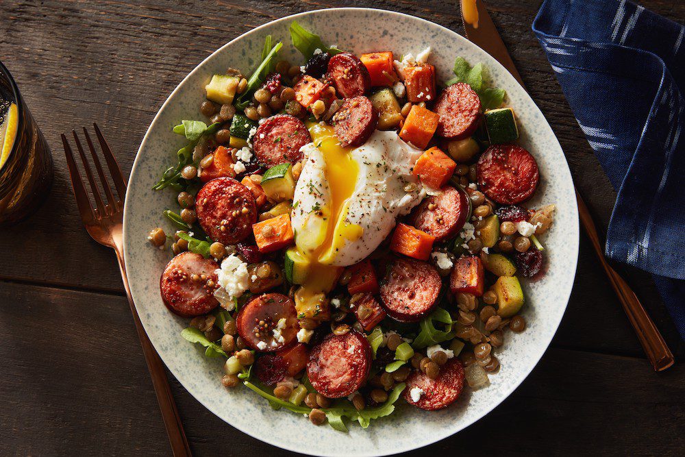 Warm lentil and Garlic Sausage Salad Bowls