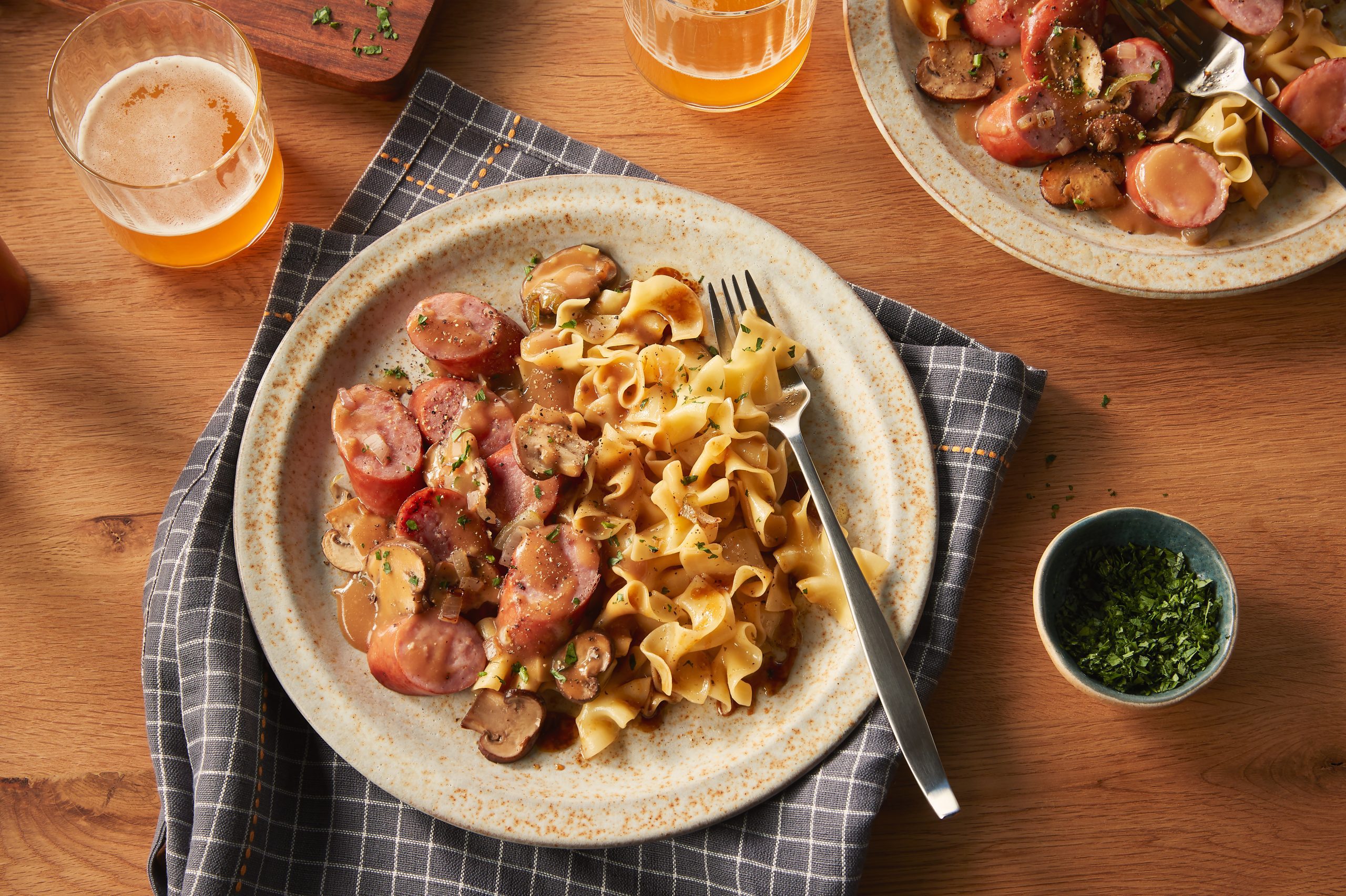 Brown Butter Noodles with Honey Garlic Sausage Schneiders