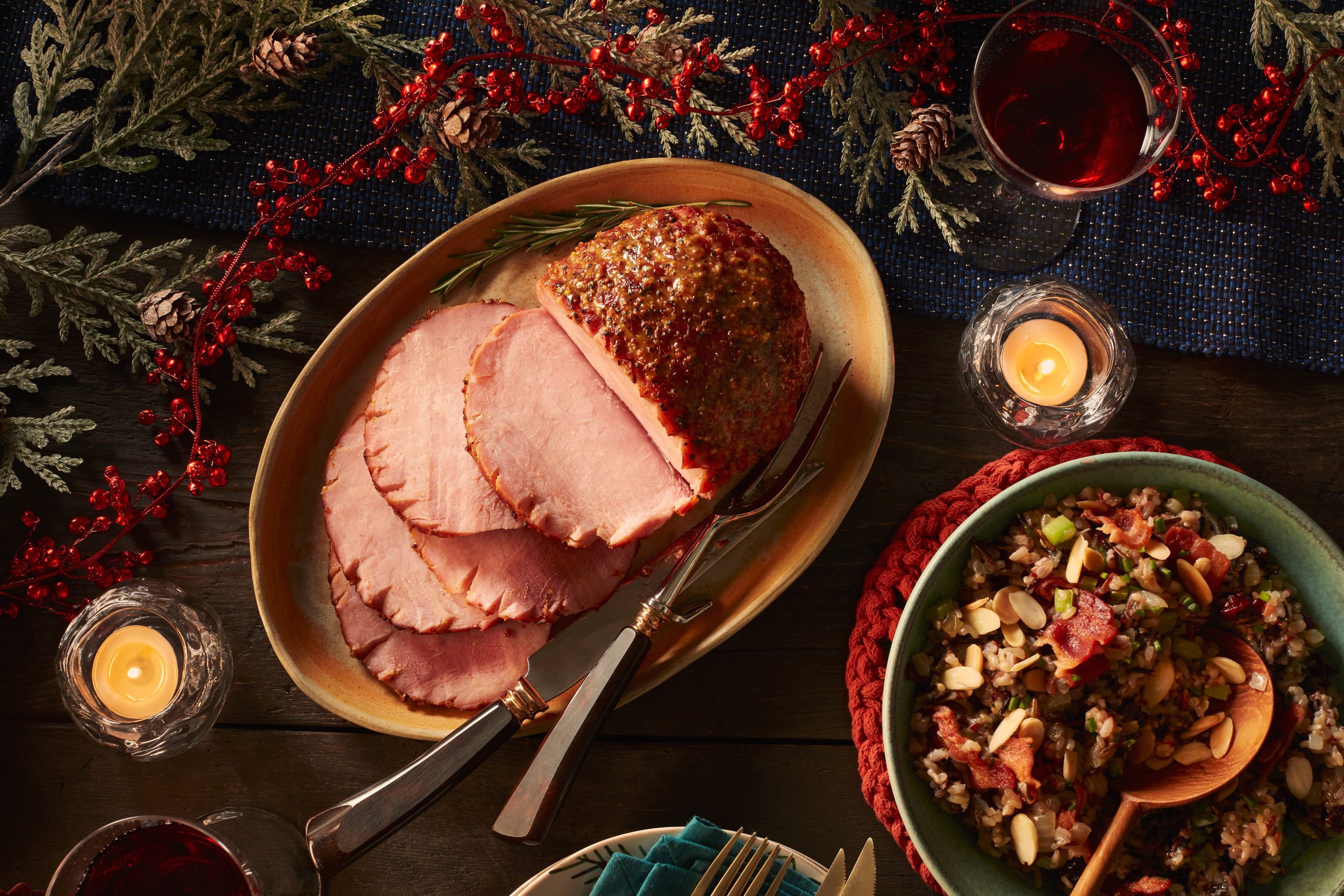 Spiced Mustard-glazed Ham With Wild Rice And Almond Stuffing Bake 