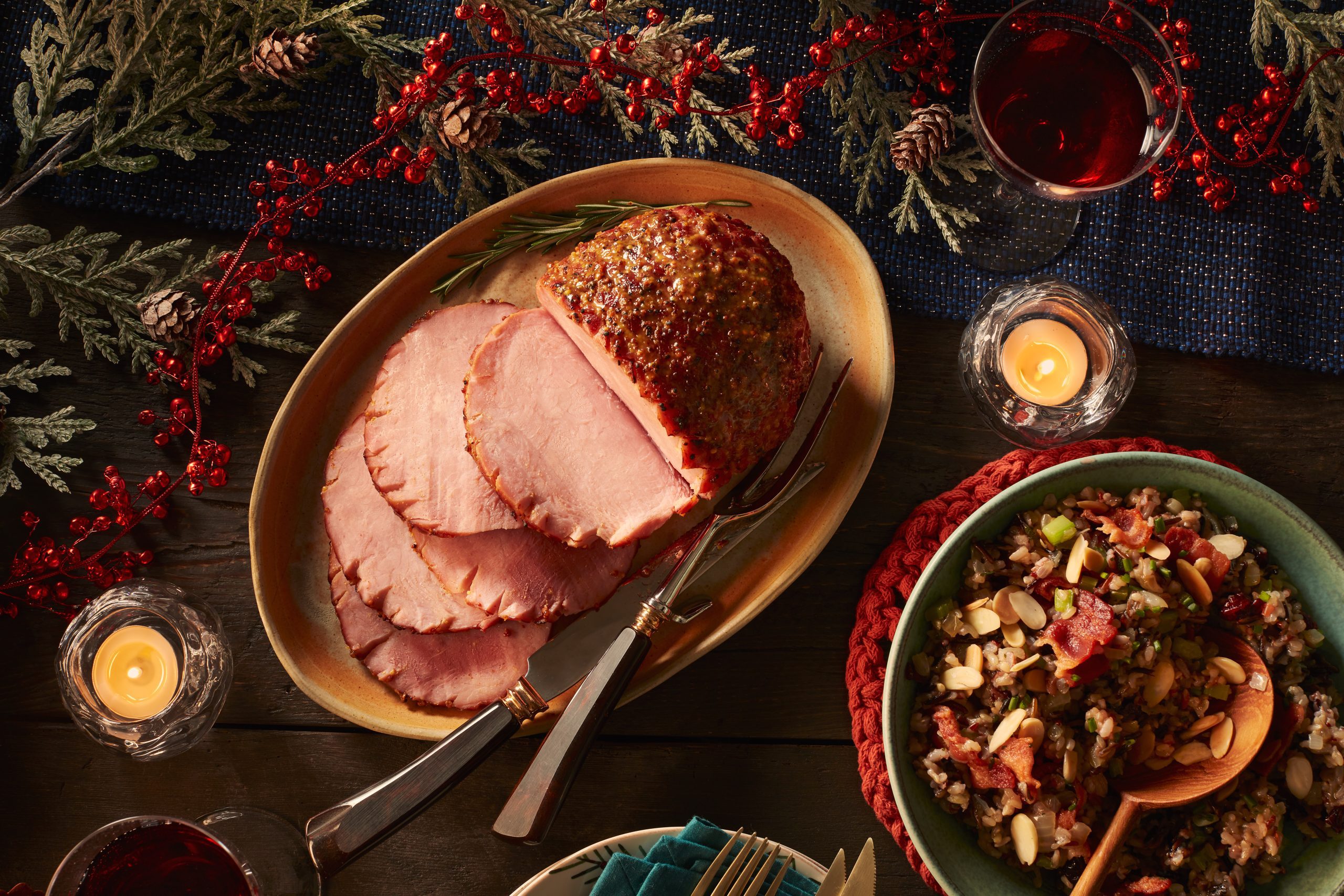 Spiced Mustard-Glazed Ham with Wild Rice and Almond Stuffing Bake