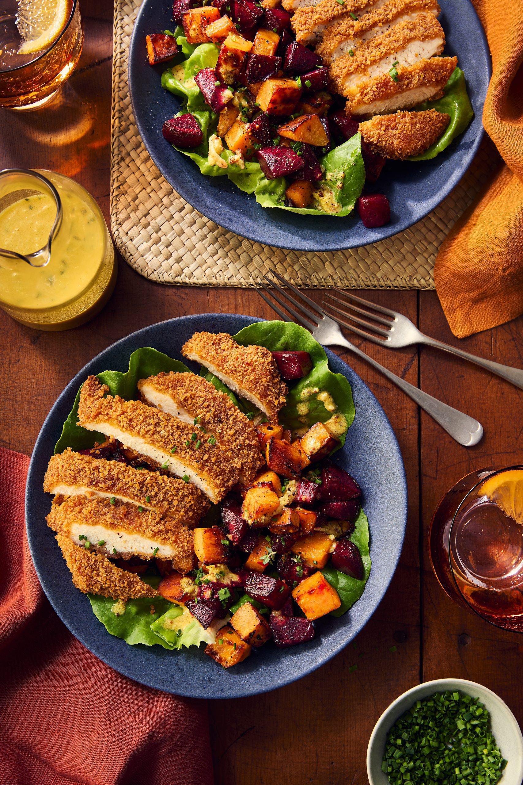 Chicken Schnitzel-Topped Roasted Sweet Potato and Beet Salad